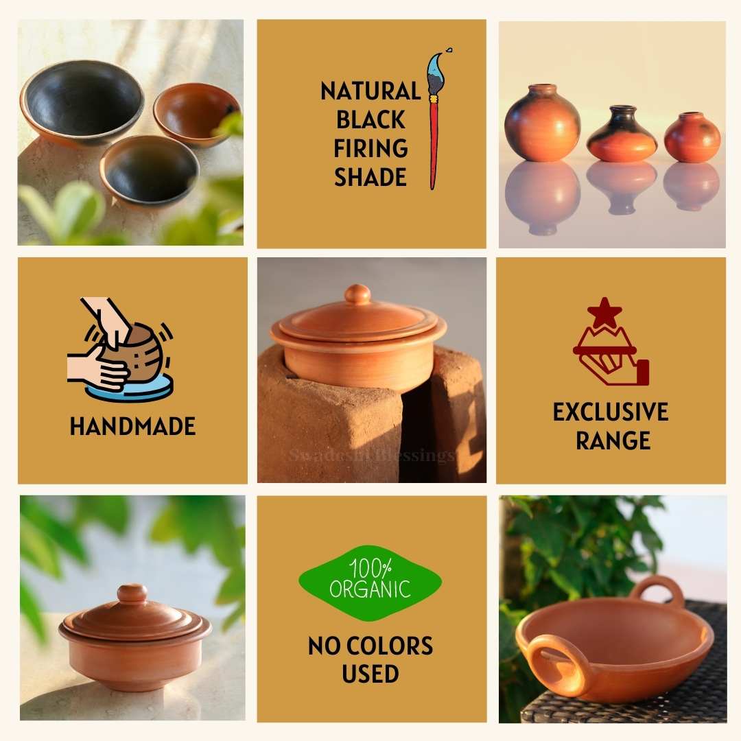 Swadeshi Blessings Exclusive Range Unglazed Clay Handi/Earthen Pot for Cooking with Lid (with Natural Firing Shade &amp; Mirror Shine) + Free ASH for Cleaning