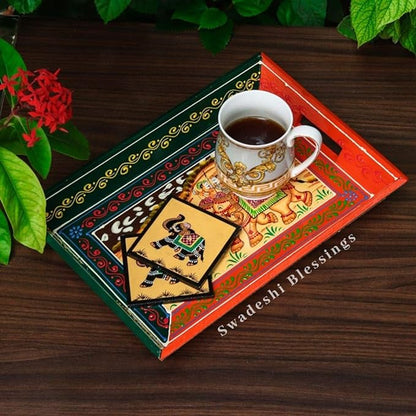 Wooden Serving Tray Set- Handcrafted &amp; Hand-Painted for Kitchen/Table &amp; Home Decor- Orange