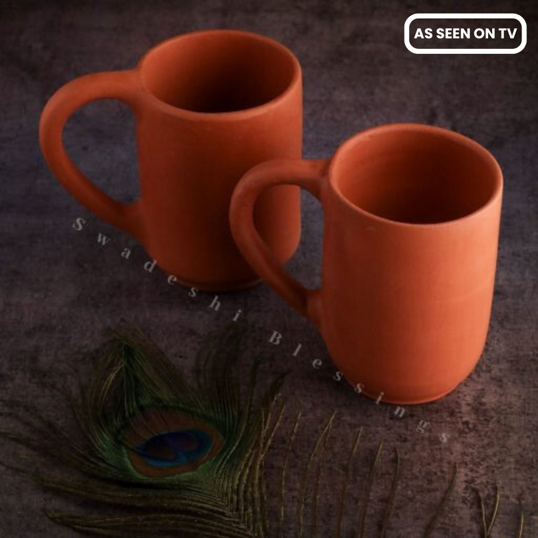 Swadeshi Blessings HandMade Unglazed Royal Clay Mugs Set of 2/ Tea &amp; Coffee Mugs, 400ml/ Antique Wine Glass/Drinking Glass/ HouseWarming/Birthday Gifts