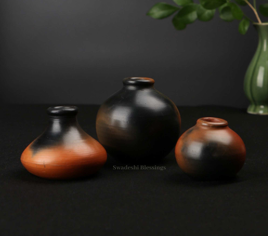 Swadeshi Blessings Exclusive Range Miniature Terracotta/Clay Pots Set with Natural Black Firing Effect &amp; Seamless Mirror Finish for Living Room &amp; Home Decor(Set of 3)