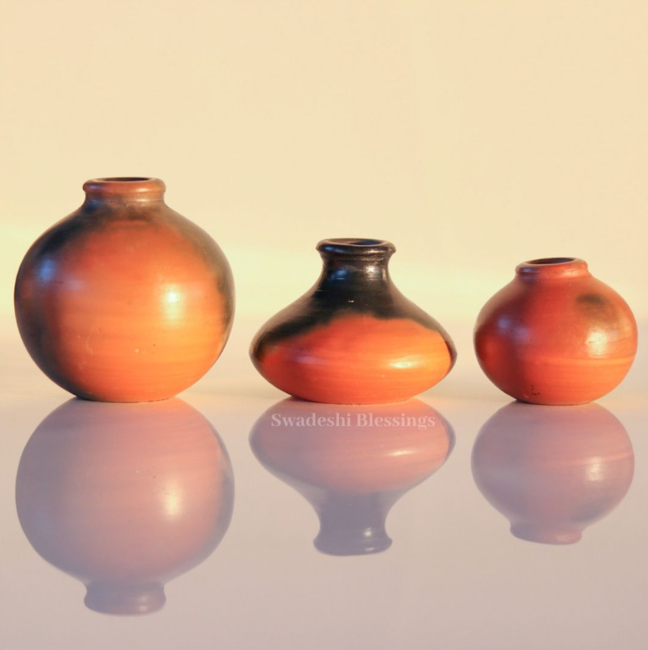 Swadeshi Blessings Exclusive Range Miniature Terracotta/Clay Pots Set with Natural Black Firing Effect &amp; Seamless Mirror Finish for Living Room &amp; Home Decor(Set of 3)