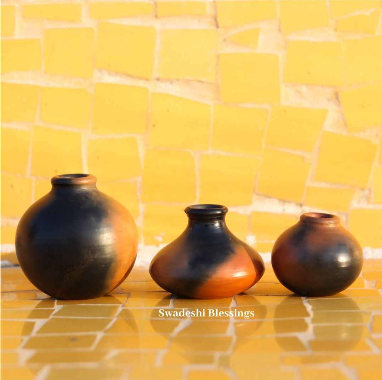 Swadeshi Blessings Exclusive Range Miniature Terracotta/Clay Pots Set with Natural Black Firing Effect &amp; Seamless Mirror Finish for Living Room &amp; Home Decor(Set of 3)