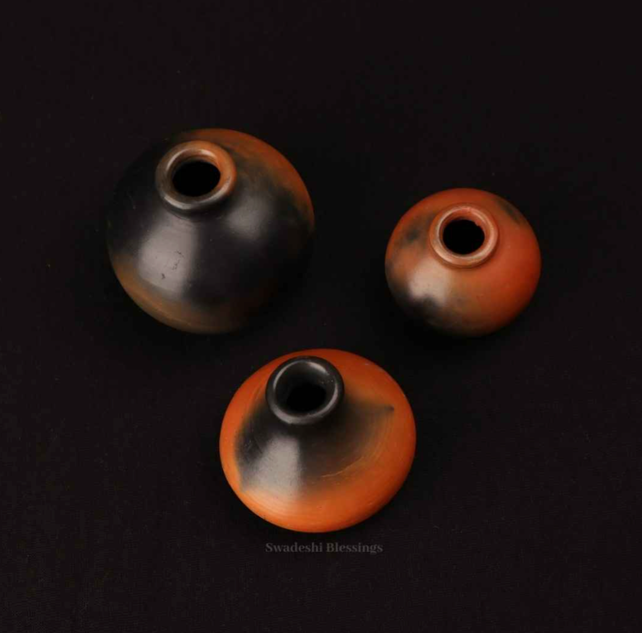 Swadeshi Blessings Exclusive Range Miniature Terracotta/Clay Pots Set with Natural Black Firing Effect &amp; Seamless Mirror Finish for Living Room &amp; Home Decor(Set of 3)