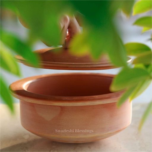 Unglazed Clay Handi/ Handmade Earthen Kadai/ Mitti Bhagona / Clay Pot For Cooking &amp; Serving with Lid, 2.5Liters (With Natural White Firing Shade &amp; Mirror Shine)