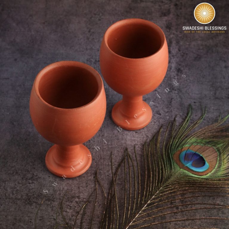 Swadeshi Blessings HandMade Unglazed Royal Clay Goblet Set of 2/Tumblers 200ml/Royal Chalice Cup/Antique Wine Glass/Drinking Glass/HouseWarming-Birthday Gifts