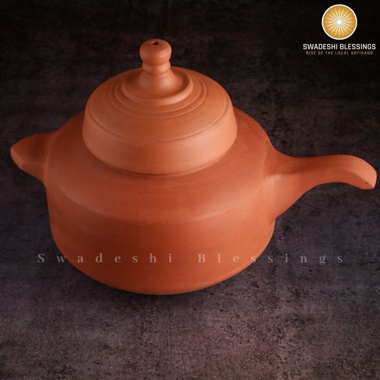 Swadeshi Blessings Exclusive Range HandMade Unglazed Clay Cooker with Lid/ Mitti Ke Bartan (With Mirror Finish) + FREE ASH For Cleaning