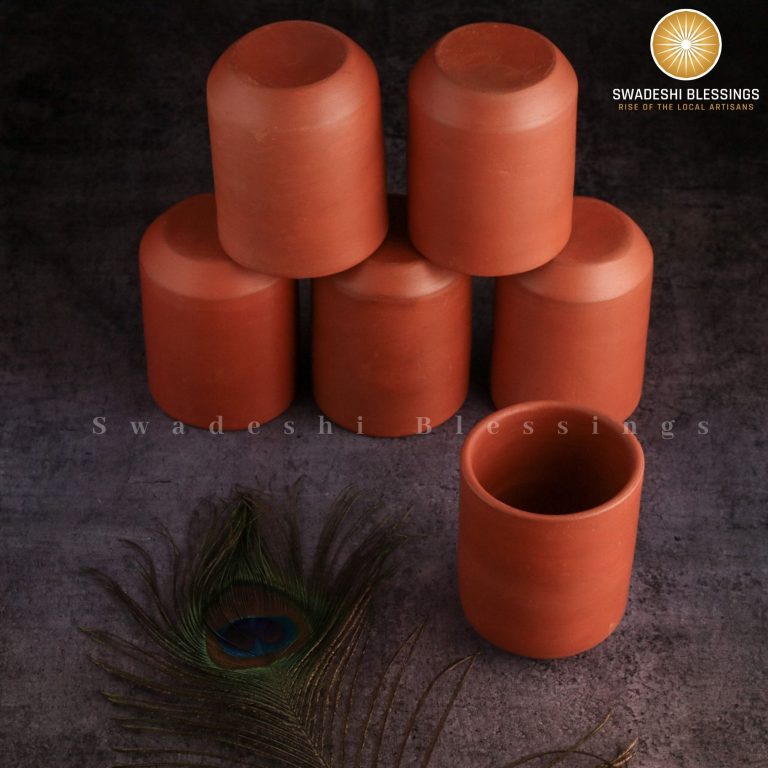 Swadeshi Blessings HandMade Unglazed Royal Clay Glass Set/Tea &amp; Coffee Cups, 300ml/Antique Terracotta Glasses/Drinking Glass/HouseWarming/Birthday Gift