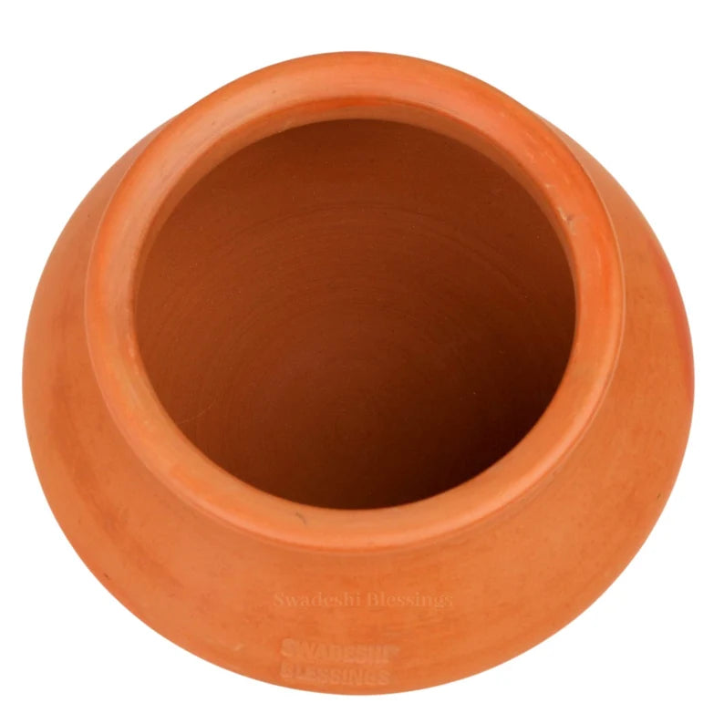 Swadeshi Blessings Exclusive Range Unglazed Mud/Earthen Handi/Mitti Ke Bartan/Clay Pot for Cooking &amp; Serving with Lid, 3 Liters (with Mirror Shine) + Free ASH for Cleaning