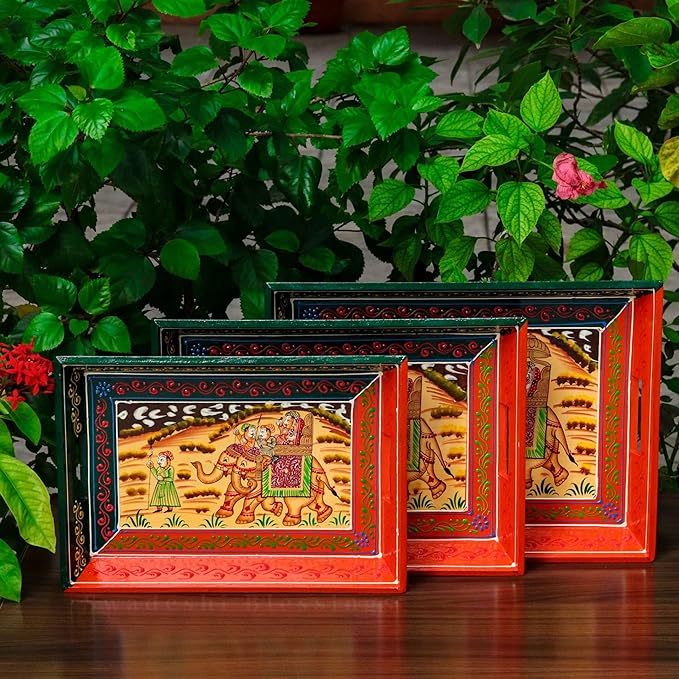 Wooden Serving Tray Set- Handcrafted &amp; Hand-Painted for Kitchen/Table &amp; Home Decor- Orange